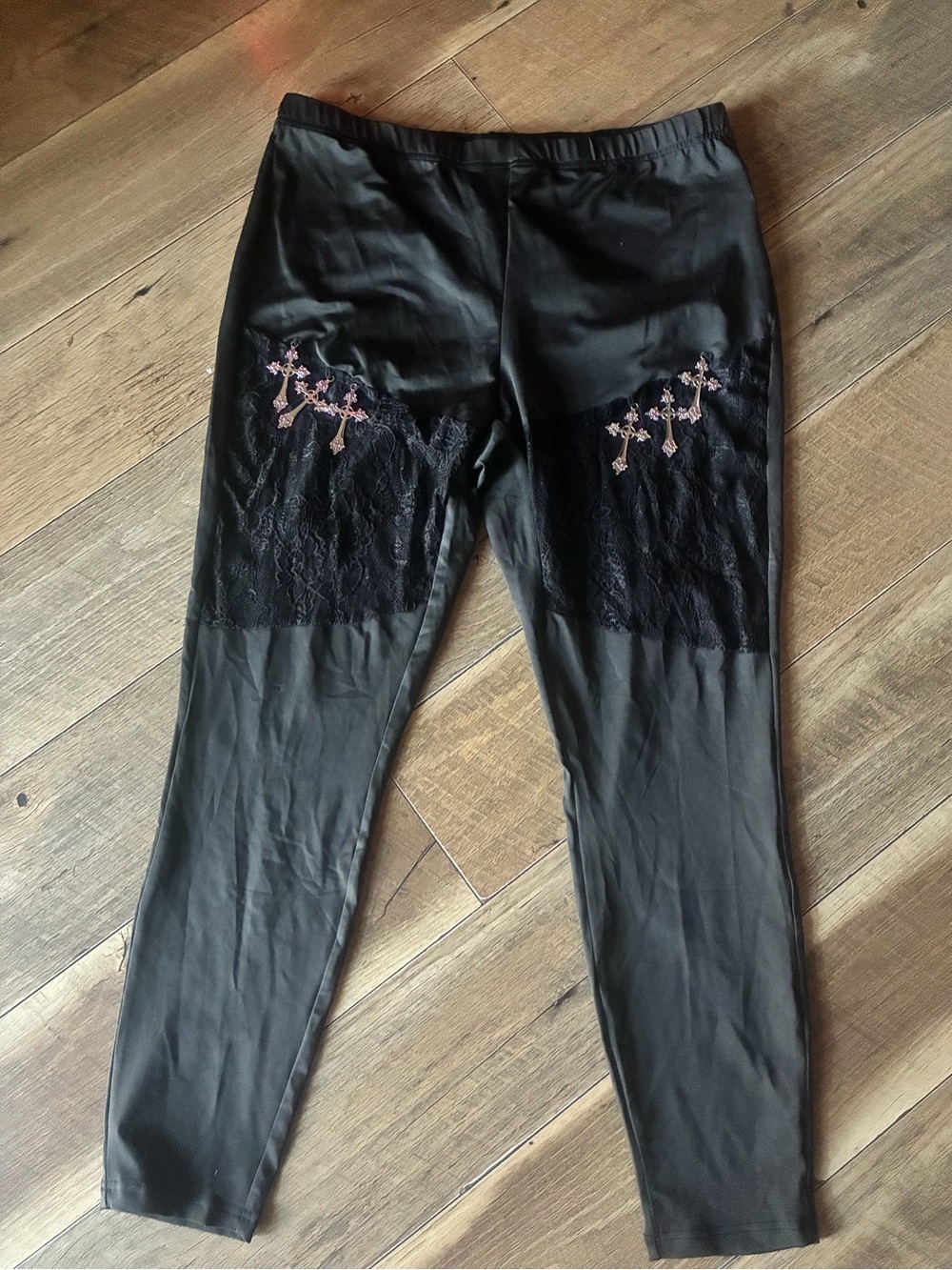 SHEIN Black Jeggings with Pink Floral Embroidery & Lace Panels